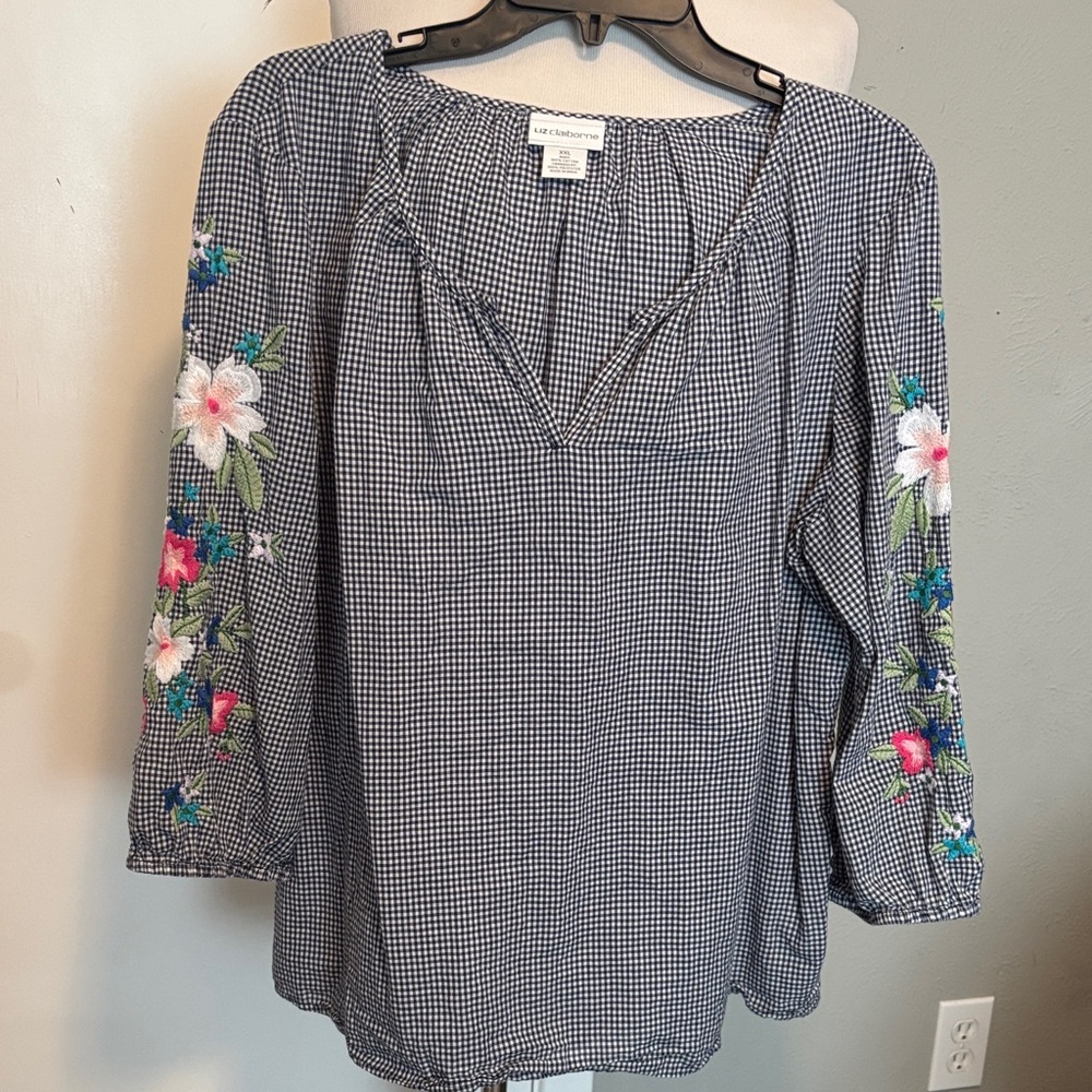 Liz Claiborne Navy Gingham Blouse with Floral Embroidery on 3/4 Sleeve